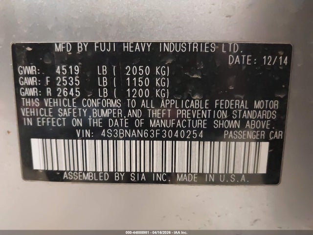 44888981 :رقم المزاد ، 4S3BNAN63F3040254 vin ، 2015 Subaru Legacy 2.5i Limited مزاد بيع