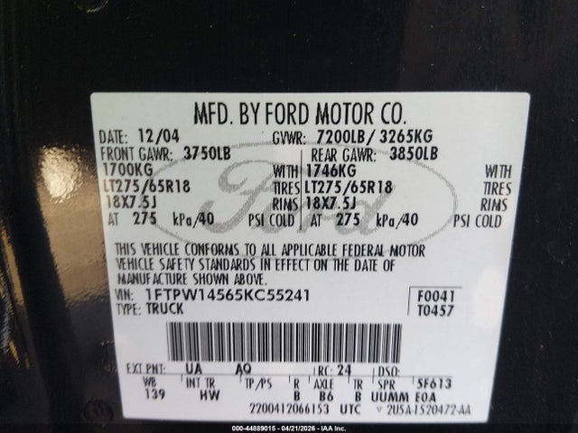 Aukcja sprzedaży 2005 Ford F-150 Fx4/lariat/xlt, vin: 1FTPW14565KC55241, numer aukcji: 44889015
