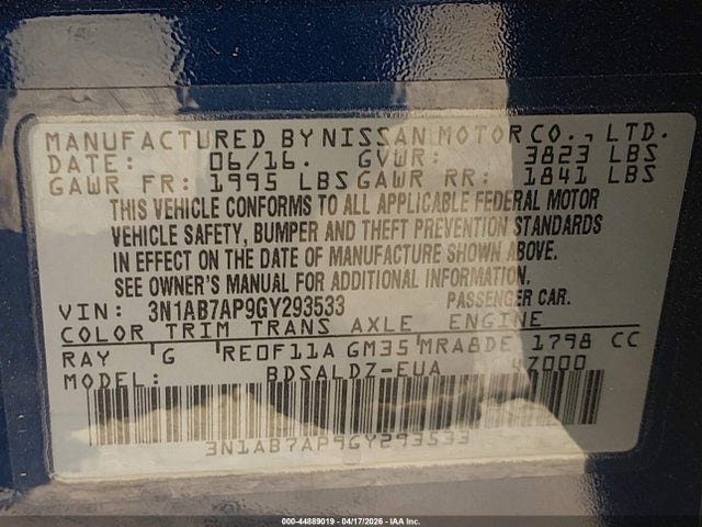 Aukcja sprzedaży 2016 Nissan Sentra Sv, vin: 3N1AB7AP9GY293533, numer aukcji: 44889019
