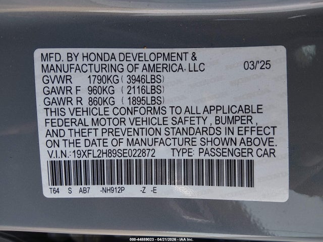 Aukcja sprzedaży 2025 Honda Civic Sedan Sport, vin: 19XFL2H89SE022872, numer aukcji: 44889023