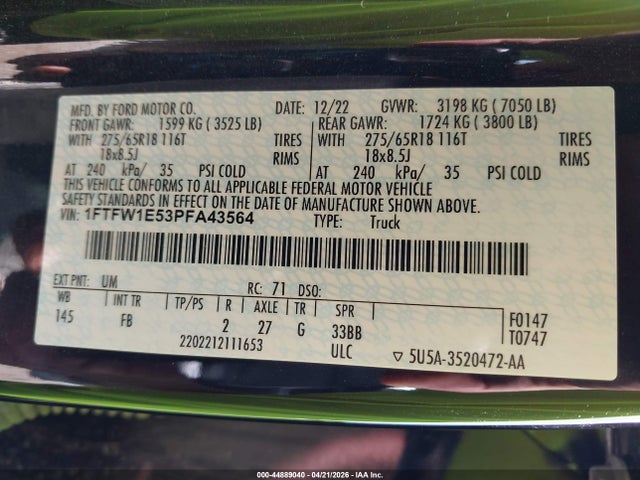 2023 Ford F-150 Xlt მანქანა იყიდება აუქციონზე, vin: 1FTFW1E53PFA43564, აუქციონის ნომერი: 44889040