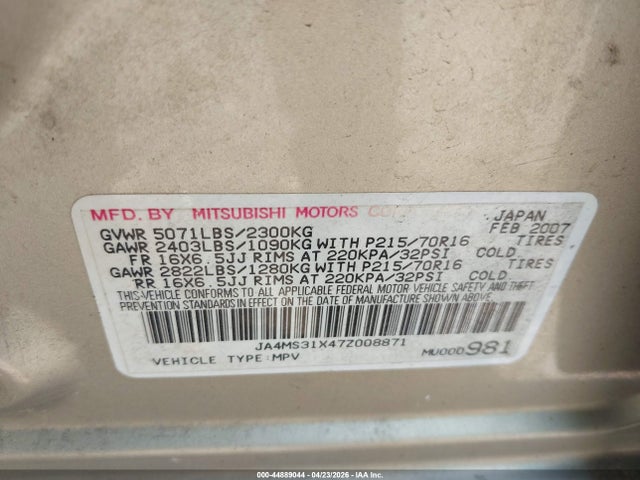 Aukcja sprzedaży 2007 Mitsubishi Outlander Es/ls, vin: JA4MS31X47Z008871, numer aukcji: 44889044