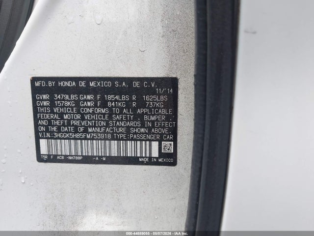 44889055 :رقم المزاد ، 3HGGK5H85FM753918 vin ، 2015 Honda Fit Ex/ex-l مزاد بيع