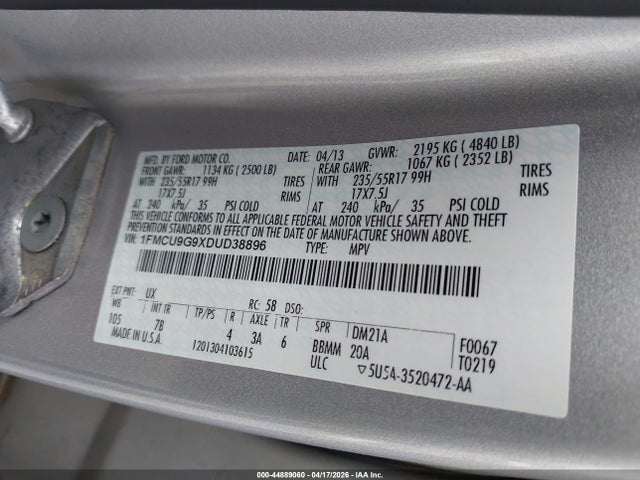 44889060 :رقم المزاد ، 1FMCU9G9XDUD38896 vin ، 2013 Ford Escape Se مزاد بيع