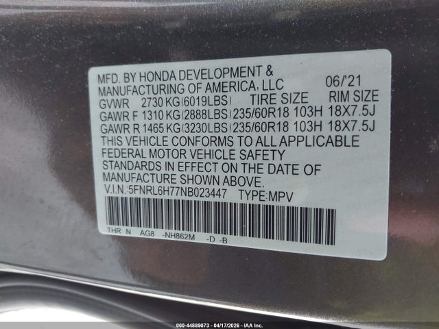 2022 Honda Odyssey Ex-l მანქანა იყიდება აუქციონზე, vin: 5FNRL6H77NB023447, აუქციონის ნომერი: 44889073