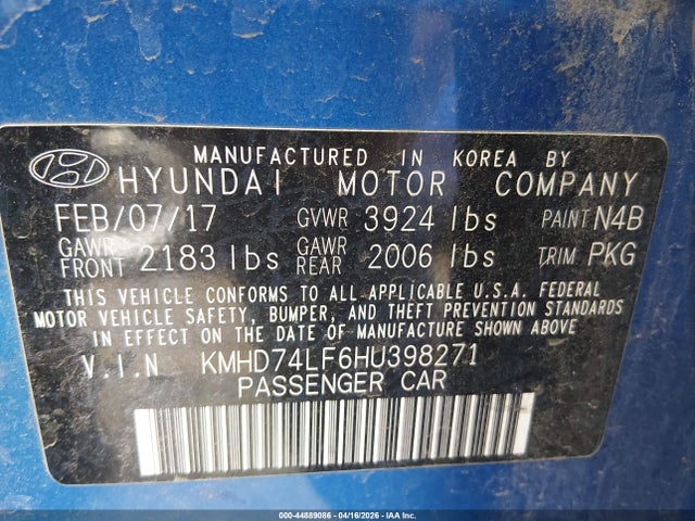 Aukcja sprzedaży 2017 Hyundai Elantra Se, vin: KMHD74LF6HU398271, numer aukcji: 44889086