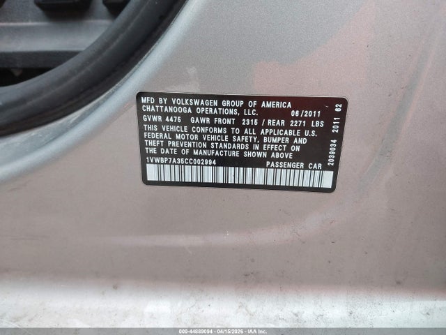 2012 Volkswagen Passat 2.5l Se მანქანა იყიდება აუქციონზე, vin: 1VWBP7A35CC002994, აუქციონის ნომერი: 44889094