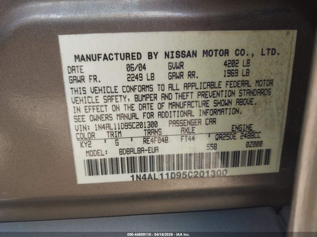 Продаж на аукціоні авто 2005 Nissan Altima 2.5 S, vin: 1N4AL11D95C201300, номер лоту: 44889110