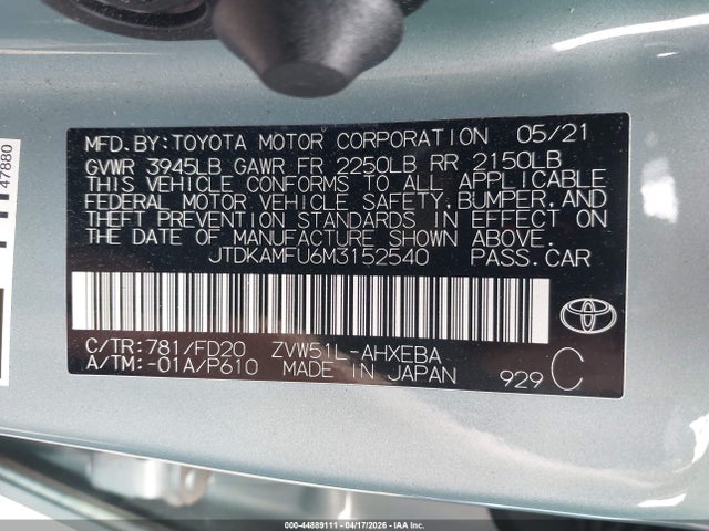 JTDKAMFU6M3152540 Toyota Prius Le