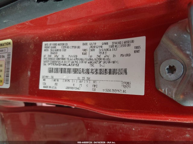 Продаж на аукціоні авто 2019 Ford Ranger Lariat, vin: 1FTER4EH4KLA53352, номер лоту: 44889124