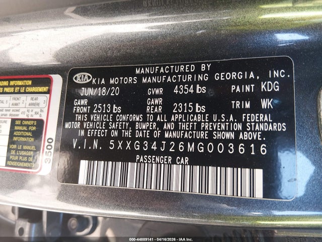 Aukcja sprzedaży 2021 Kia K5 Ex, vin: 5XXG34J26MG003616, numer aukcji: 44889141