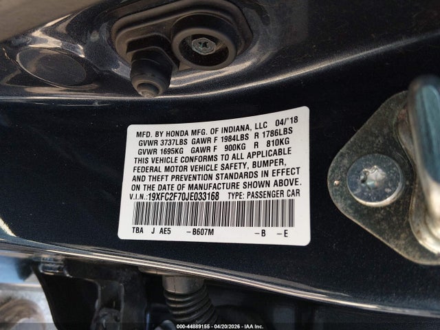 Aukcja sprzedaży 2018 Honda Civic Ex, vin: 19XFC2F70JE033168, numer aukcji: 44889155