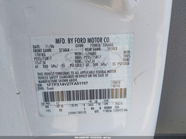 Aukcja sprzedaży 2007 Ford F-150 Fx4/lariat/xl/xlt, vin: 1FTPX14V27FA51707, numer aukcji: 44889163