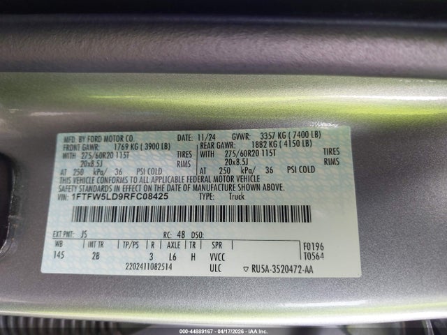 Aukcja sprzedaży 2024 Ford F-150 Lariat, vin: 1FTFW5LD9RFC08425, numer aukcji: 44889167