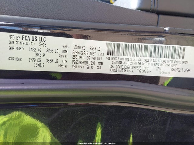 Продажа на аукционе авто 2015 Dodge Durango Limited, vin: 1C4RDJDG3FC889036, номер лота: 44889174