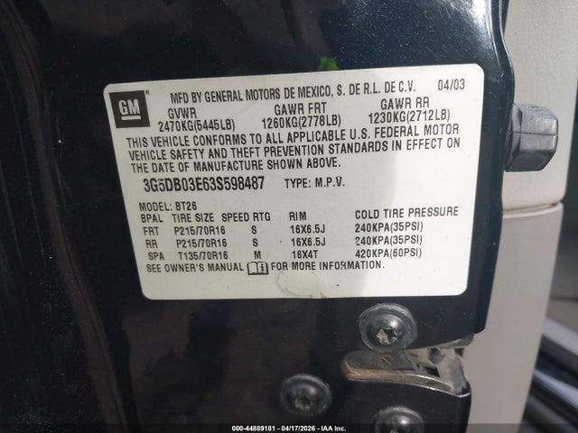 44889181 :رقم المزاد ، 3G5DB03E63S598487 vin ، 2003 Buick Rendezvous Cxl مزاد بيع