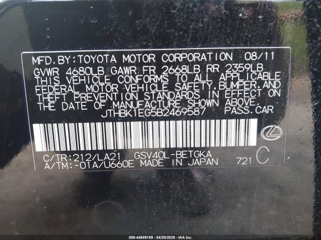 Aukcja sprzedaży 2011 Lexus Es 350, vin: JTHBK1EG5B2469587, numer aukcji: 44889189