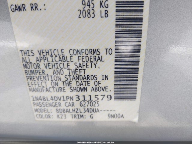 1N4BL4DV1PN311579 Nissan Altima Sv Fwd