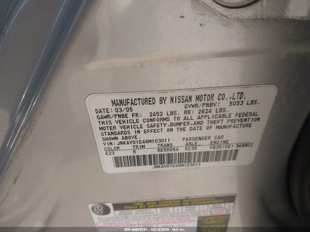Aukcja sprzedaży 2006 Infiniti M35, vin: JNKAY01E46M103011, numer aukcji: 44889191