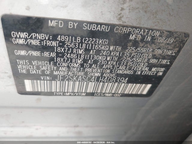 Aukcja sprzedaży 2020 Subaru Forester Limited, vin: JF2SKASC4LH408394, numer aukcji: 44889192