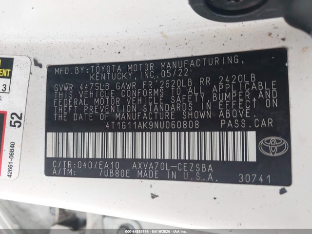 Aukcja sprzedaży 2022 Toyota Camry Se, vin: 4T1G11AK9NU060808, numer aukcji: 44889198