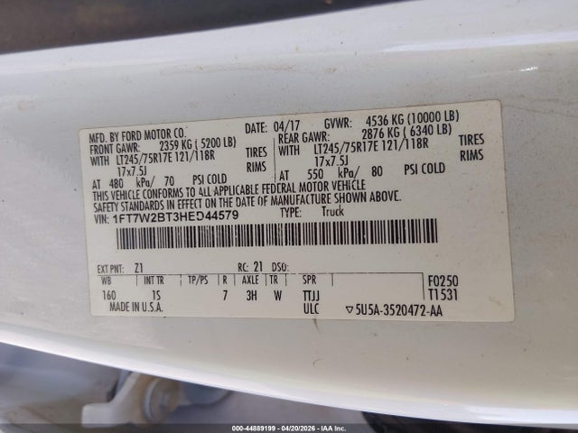 Ford F-250 Xl 2017 1FT7W2BT3HED44579 Image 9