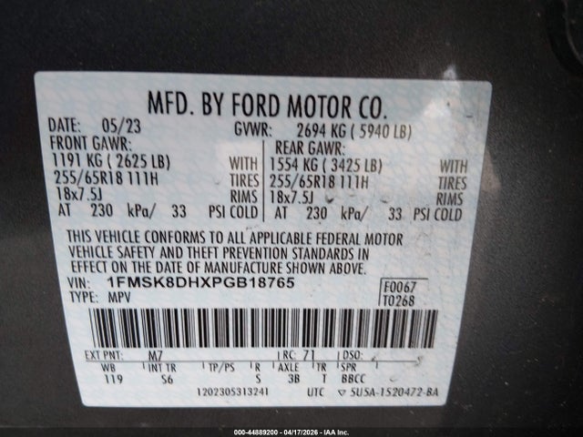 44889200 :رقم المزاد ، 1FMSK8DHXPGB18765 vin ، 2023 Ford Explorer Xlt مزاد بيع