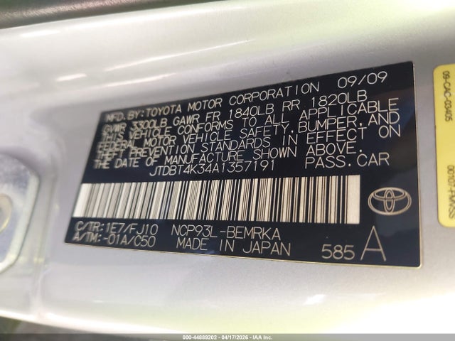 2010 Toyota Yaris მანქანა იყიდება აუქციონზე, vin: JTDBT4K34A1357191, აუქციონის ნომერი: 44889202