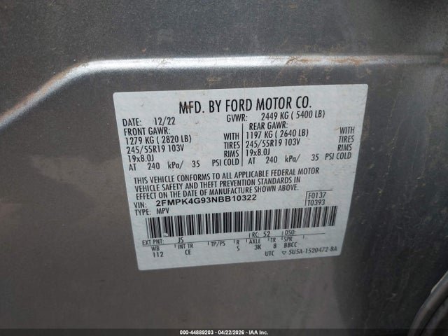 Aukcja sprzedaży 2022 Ford Edge Se, vin: 2FMPK4G93NBB10322, numer aukcji: 44889203