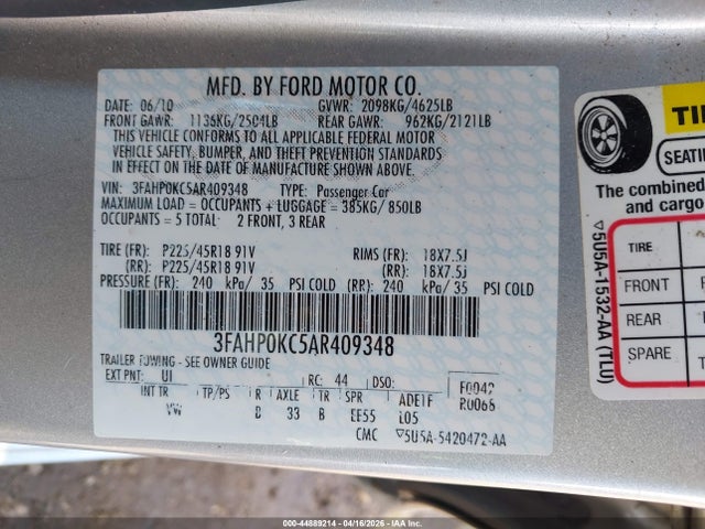 Продаж на аукціоні авто 2010 Ford Fusion Sport, vin: 3FAHP0KC5AR409348, номер лоту: 44889214