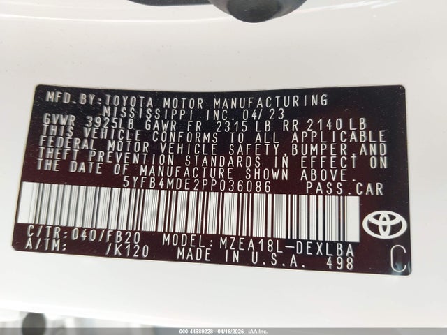 44889228 :رقم المزاد ، 5YFB4MDE2PP036086 vin ، 2023 Toyota Corolla Le مزاد بيع