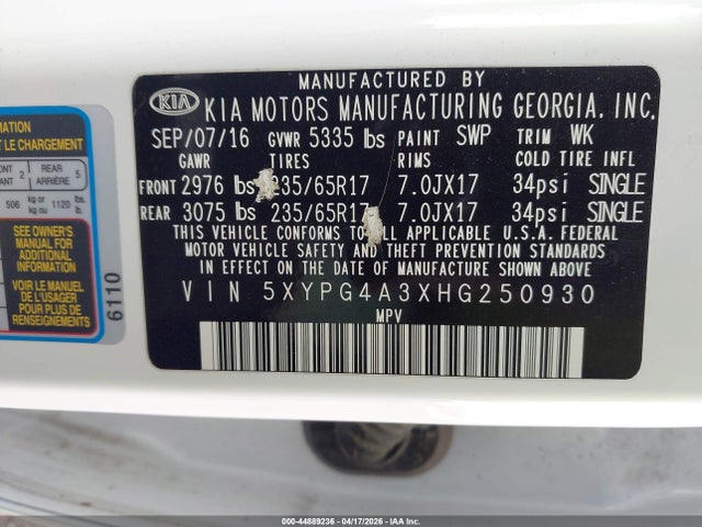 2017 Kia Sorento 2.4l Lx მანქანა იყიდება აუქციონზე, vin: 5XYPG4A3XHG250930, აუქციონის ნომერი: 44889236