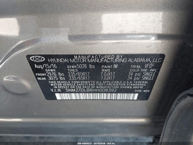 Продаж на аукціоні авто 2017 Hyundai Santa Fe Sport 2.4l, vin: 5NMZTDLB6HH008392, номер лоту: 44889237