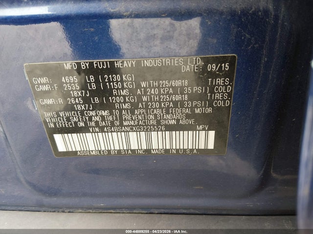 44889255 :رقم المزاد ، 4S4BSANCXG3225526 vin ، 2016 Subaru Outback 2.5i Limited مزاد بيع