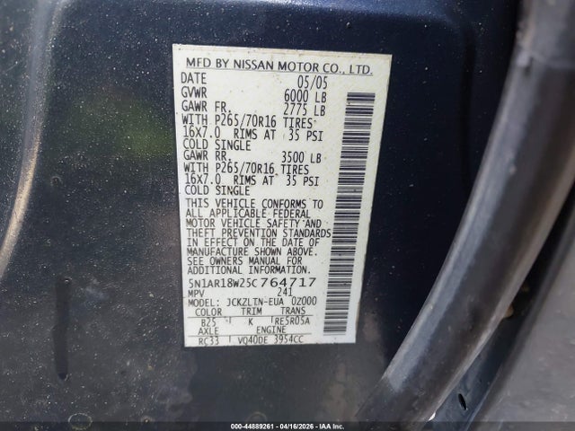 44889261 :رقم المزاد ، 5N1AR18W25C764717 vin ، 2005 Nissan Pathfinder Se مزاد بيع