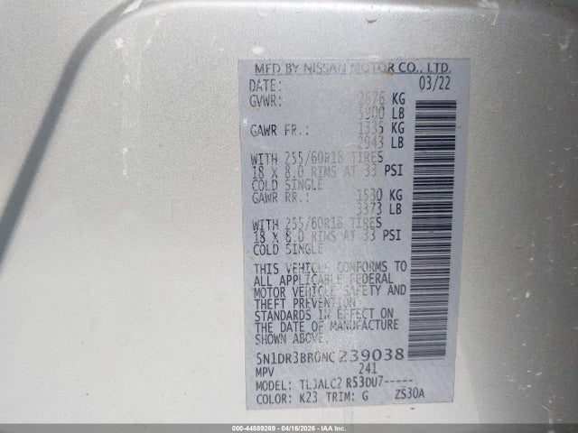 Aukcja sprzedaży 2022 Nissan Pathfinder Sv 2wd, vin: 5N1DR3BB0NC239038, numer aukcji: 44889269