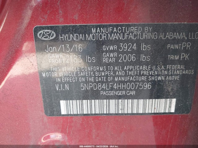 44889273 :رقم المزاد ، 5NPD84LF4HH007596 vin ، 2017 Hyundai Elantra Se مزاد بيع