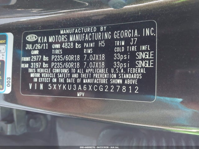 44889276 :رقم المزاد ، 5XYKU3A6XCG227812 vin ، 2012 Kia Sorento Ex مزاد بيع