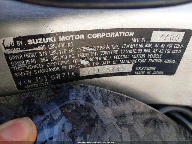 2000 Suzuki Gsx1300 R მანქანა იყიდება აუქციონზე, vin: JS1GW71A2Y2106845, აუქციონის ნომერი: 44889279