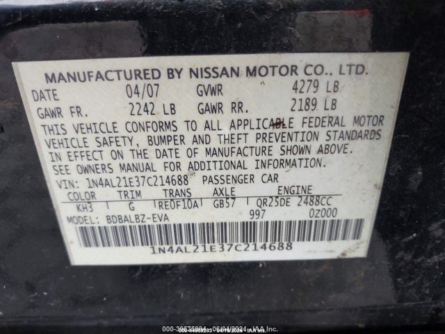 44889283 :رقم المزاد ، 1N4AL21E37C214688 vin ، 2007 Nissan Altima 2.5 S مزاد بيع
