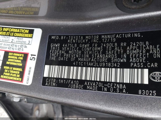 44889285 :رقم المزاد ، 4T1C11AK2LU918342 vin ، 2020 Toyota Camry Le مزاد بيع