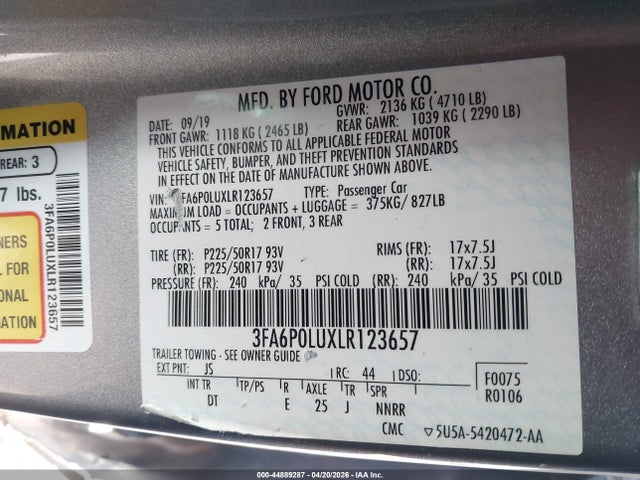 Продаж на аукціоні авто 2020 Ford Fusion Hybrid Se, vin: 3FA6P0LUXLR123657, номер лоту: 44889287