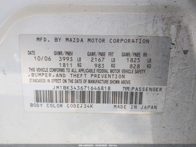 2007 Mazda Mazda3 S Grand Touring მანქანა იყიდება აუქციონზე, vin: JM1BK343671646818, აუქციონის ნომერი: 44889293