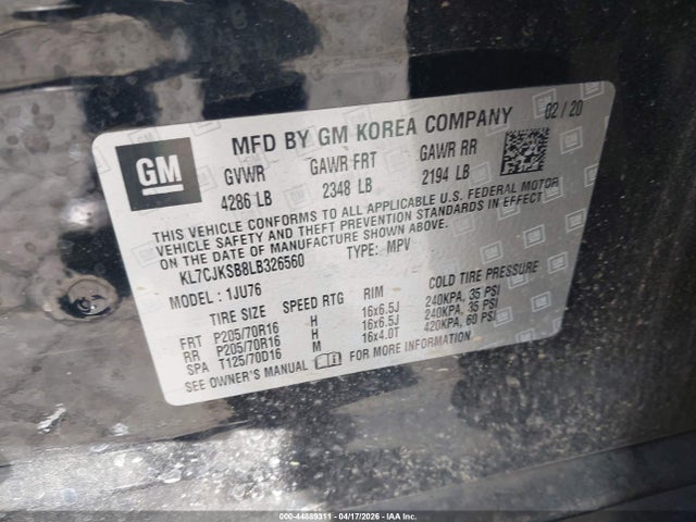 KL7CJKSB8LB326560 Chevrolet Trax Fwd Ls