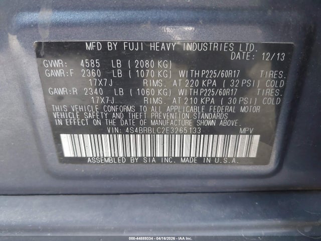 44889334 :رقم المزاد ، 4S4BRBLC2E3265133 vin ، 2014 Subaru Outback 2.5i Limited مزاد بيع