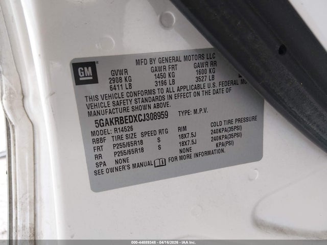 44889348 :رقم المزاد ، 5GAKRBEDXCJ308959 vin ، 2012 Buick Enclave Convenience مزاد بيع