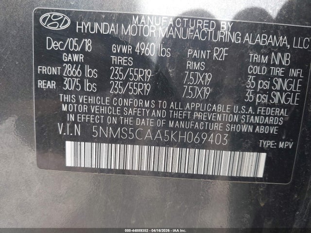 Продаж на аукціоні авто 2019 Hyundai Santa Fe Limited 2.0t, vin: 5NMS5CAA5KH069403, номер лоту: 44889352