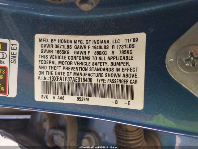 Продажа на аукционе авто 2010 Honda Civic Vp, vin: 19XFA1F37AE016400, номер лота: 44889353