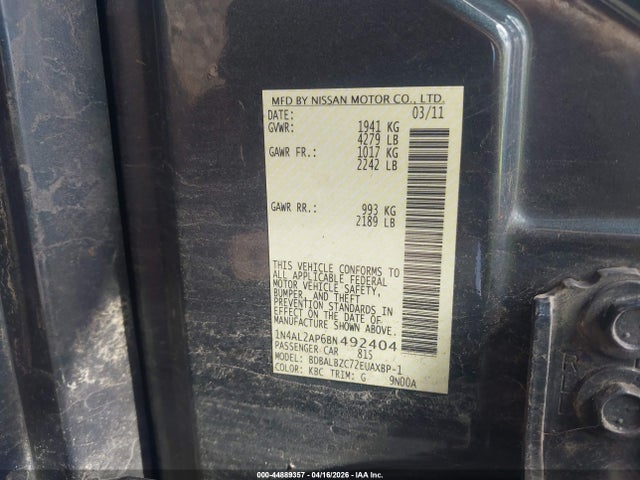 2011 Nissan Altima 2.5 S მანქანა იყიდება აუქციონზე, vin: 1N4AL2AP6BN492404, აუქციონის ნომერი: 44889357