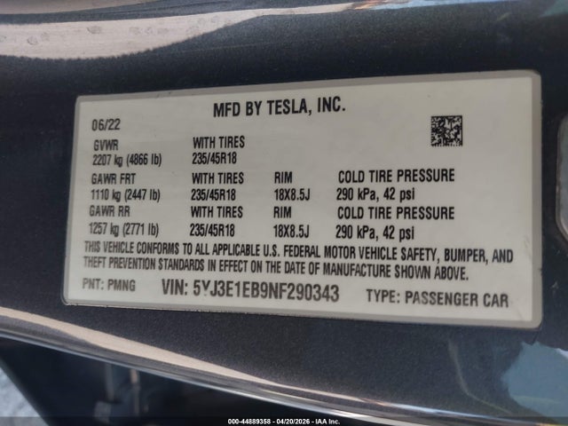 2022 Tesla Model 3 Long Range Dual Motor All-wheel Drive მანქანა იყიდება აუქციონზე, vin: 5YJ3E1EB9NF290343, აუქციონის ნომერი: 44889358